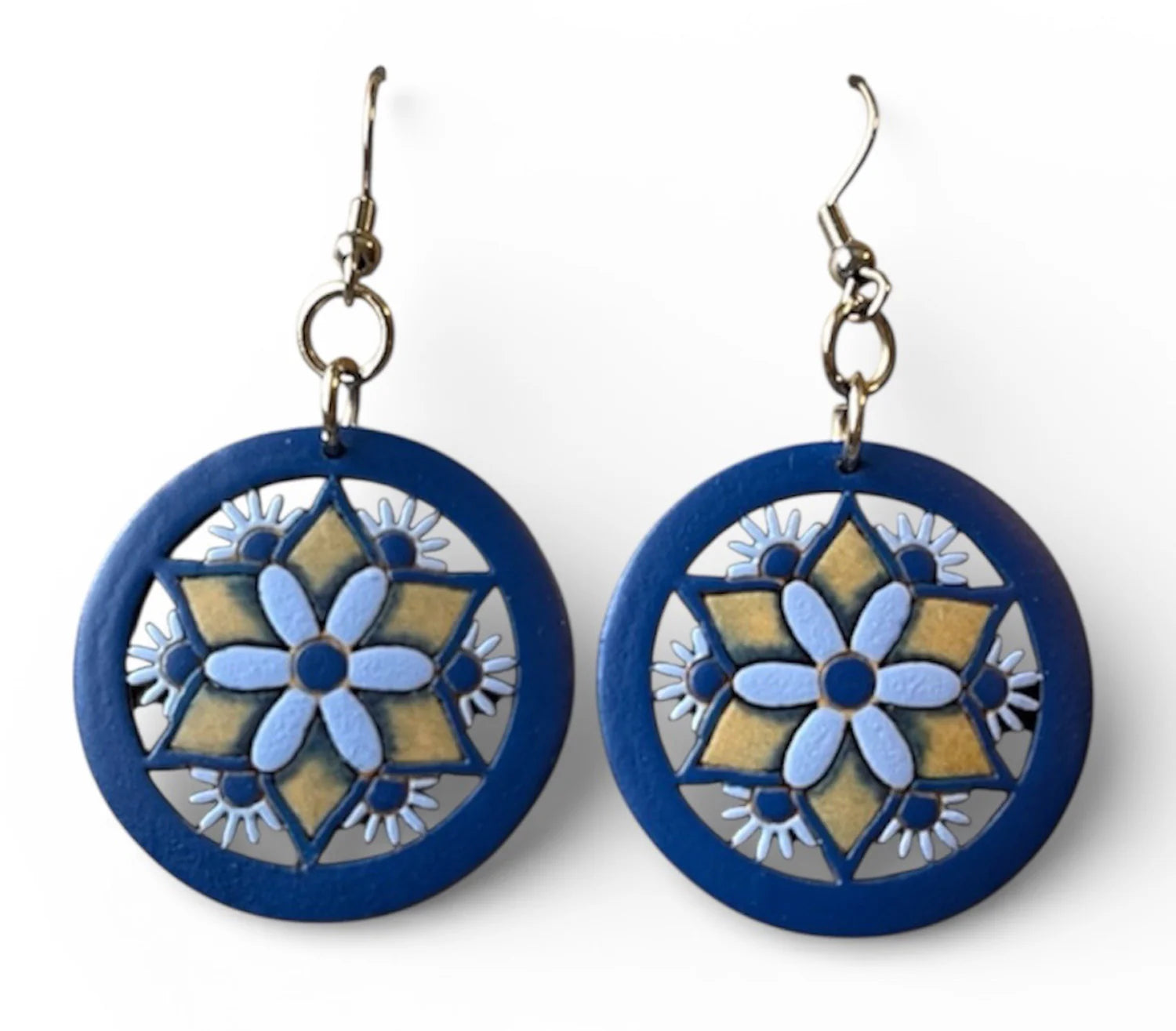 Pair of blue earrings with floral design on a white background