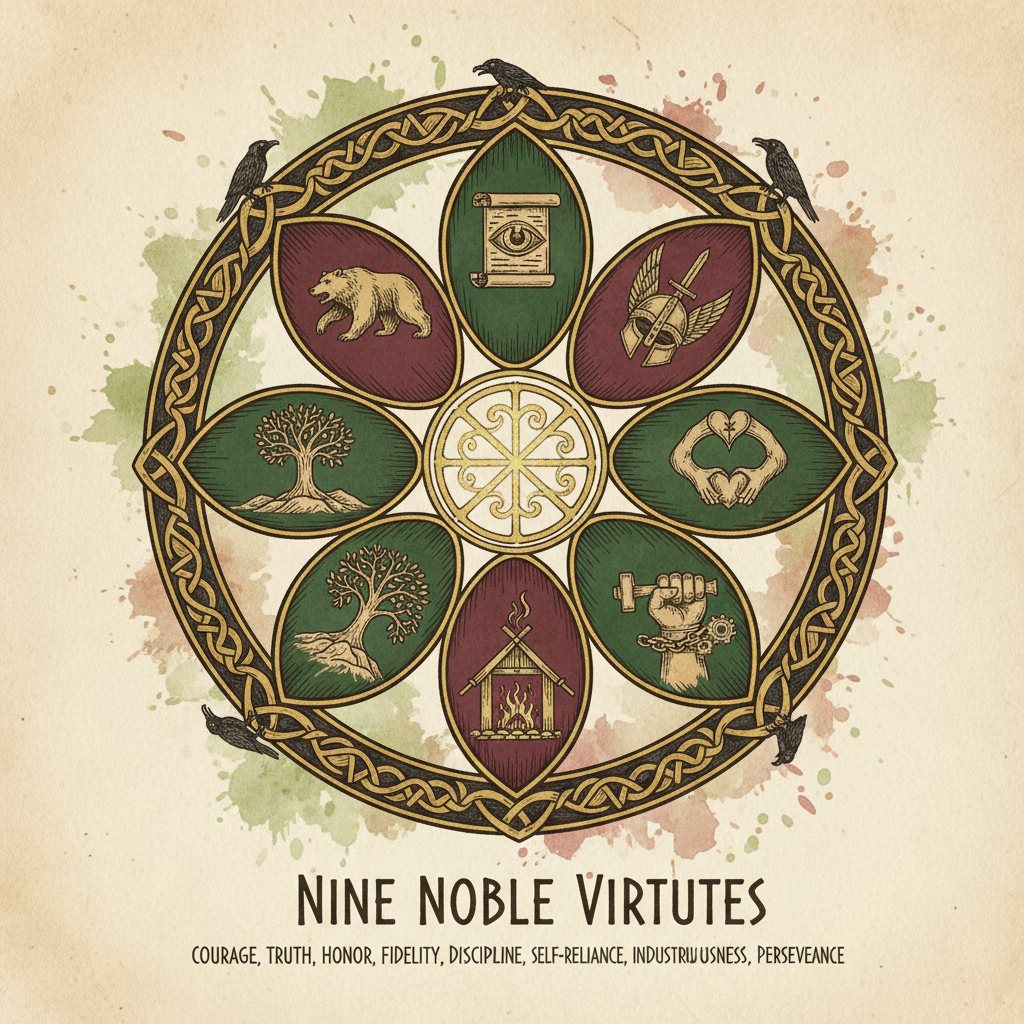Decorative emblem of Nine Noble Virtues with symbolic elements on a textured background