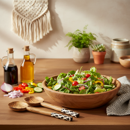 Wooden bowl of salad on a table with bottles of olive oil and balsamic vinegar, and decorative elements in the background.