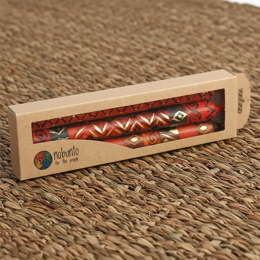 Packaged traditional South African hand-painted candles with decorative patterns in earth tones, on a woven surface