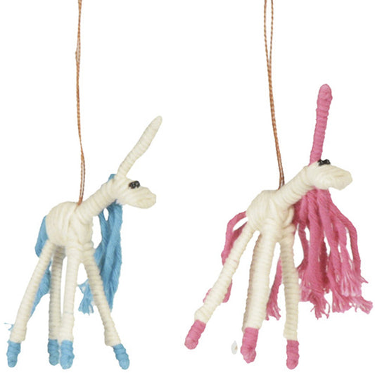 Hand-Crafted Cotton & Wire Unicorn Ornament-Blue/Pink/Rainbow- Fair Trade