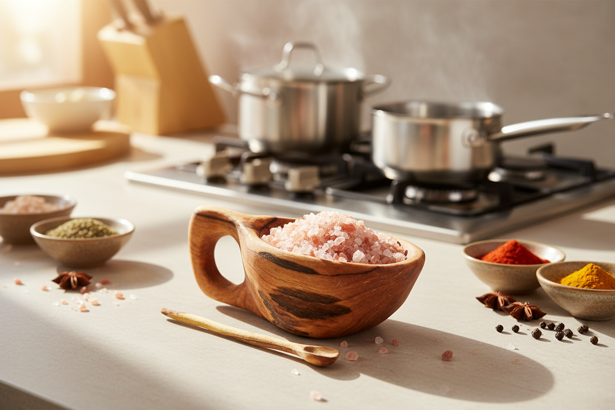 Fair Trade Coffee wood bowl with pink salt on a kitchen counter with pots and spices
