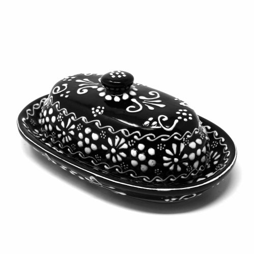 Encantada Handmade Pottery- Butter Dish- Black & White-Ink-Fair Trade-Mexico