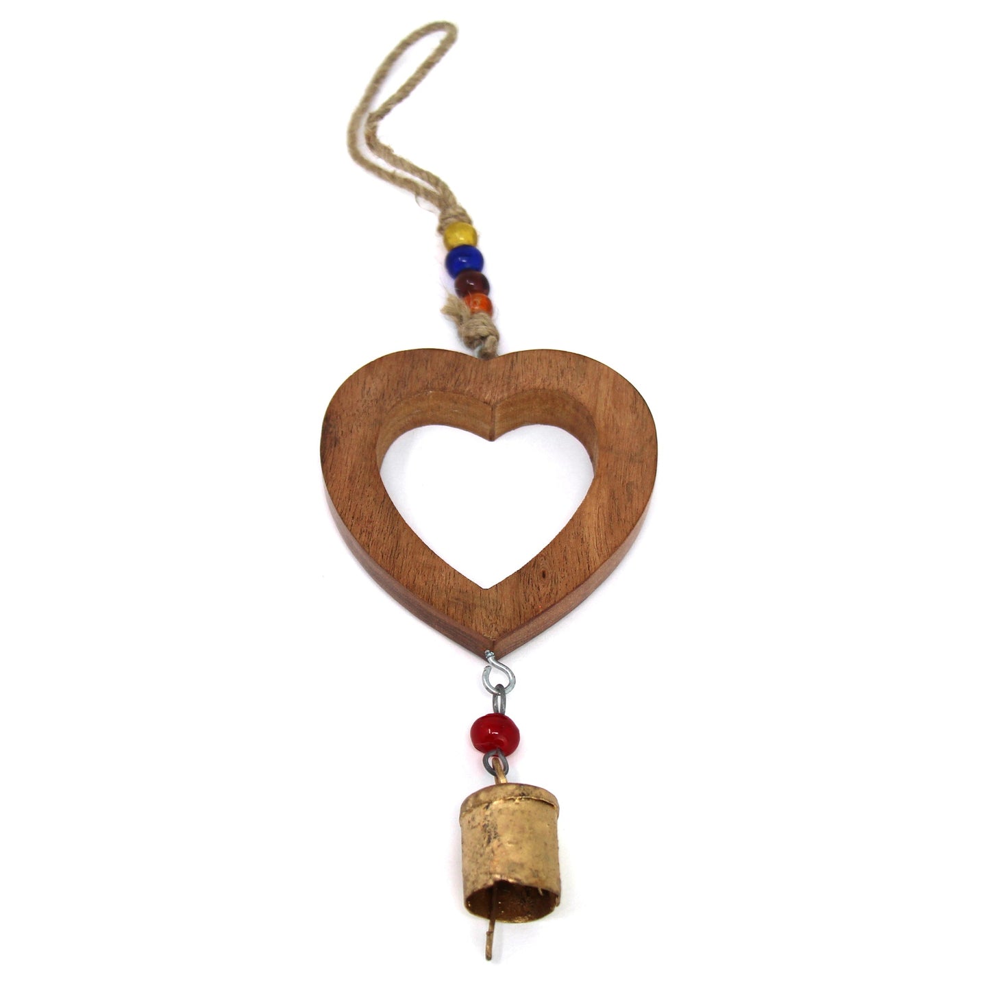 Handcrafted Wood Heart Chime with Recycled Iron Bell -Fair Trade - Behat, India
