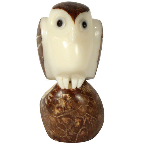 <center>Brown Owl Tagua Figurine - Front View</br>Crafted by Artisans in Ecuador </br>Measures 2-3/4” high x 1-1/4” wide x 1-1/4” deep</center>
