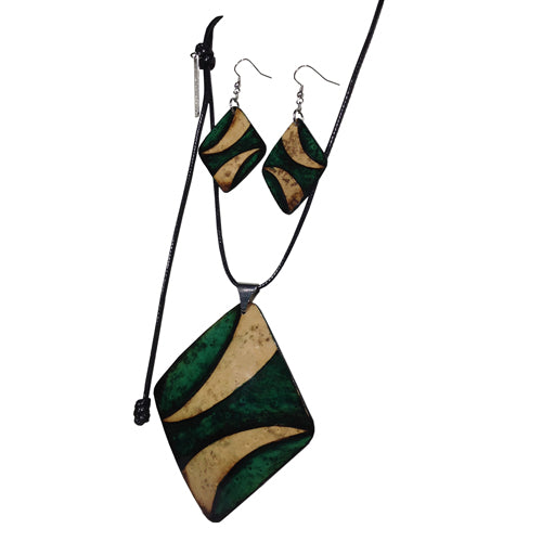 <center>Green Diamond Necklace and Earring Sets with Horn Design</br>Handmade in Colombia</br>Adjustable cord necklace drop length 16-1/4'', pendant 3-1/2'' long x 3'' wide, earrings 1-1/2'' long x 1-1/4'' wide,  2-5/8'' drop</center>