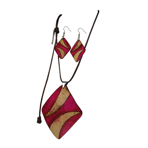<center>Pink Diamond Necklace and Earring Sets with Horn Design</br>Handmade in Colombia</br>Adjustable cord necklace drop length 16-1/4'', pendant 3-1/2'' long x 3'' wide, earrings 1-1/2'' long x 1-1/4'' wide,  2-5/8'' drop</center>