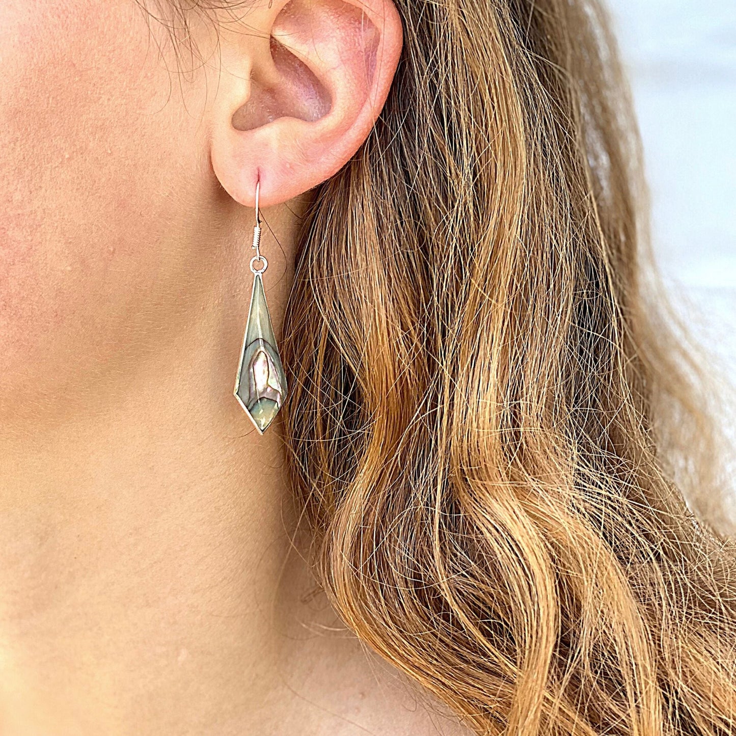 Handmade Silver & Abalone Diamond-Shaped Dangle Earrings