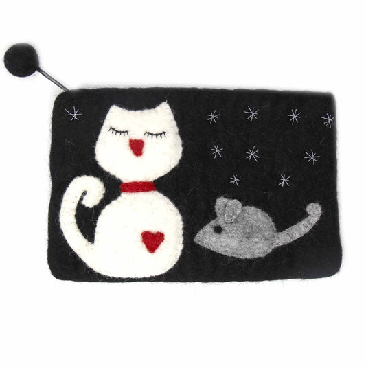 Hand Crafted Felt Pouch- White Cat & Mouse-Fair Trade-Nepal
