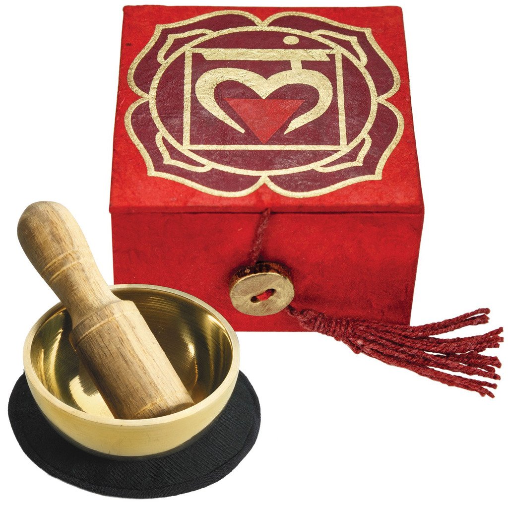 mini 2" singing bowl tuned to root chakra in handmade red and gold recycled paper box made in Nepal