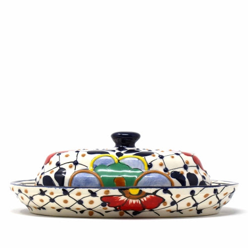 Handmade Pottery Butter Dish- Dots & Flowers by Encantada- Mexico- Fair Trade