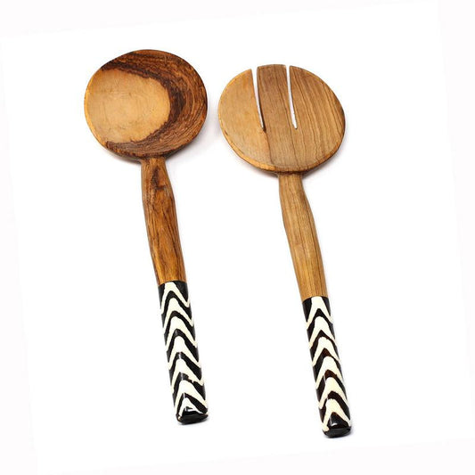 Hand-Carved Olive Wood Serving Set with Bone Handles- 10"L- Kenya-Fair Trade