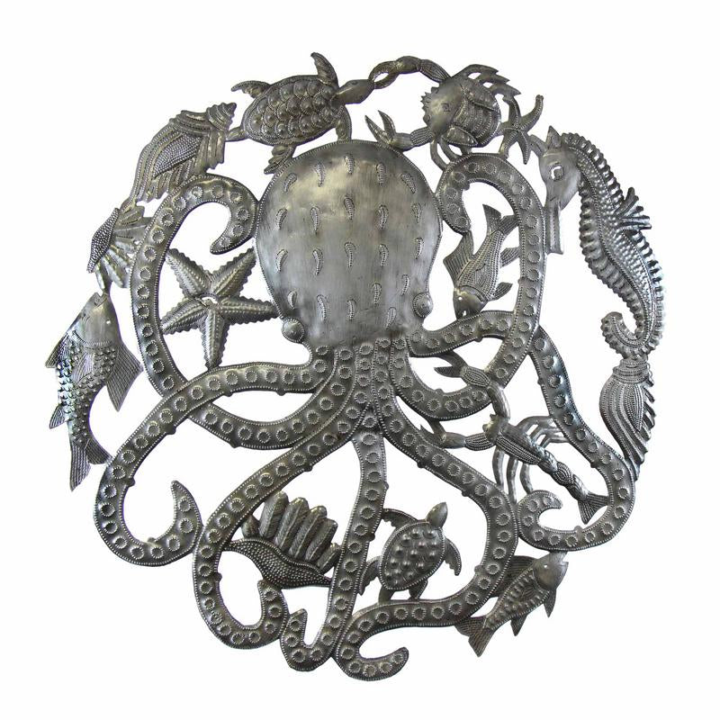 Hand-Crafted Octopus & Sea Life Metal Wall Art -Upcycled Steel Oil Drum- Haiti