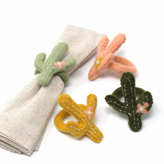 Hand-felted Napkin Rings -Cactus-Set of Four Colors - Global Groove-Nepal-Fair Trade