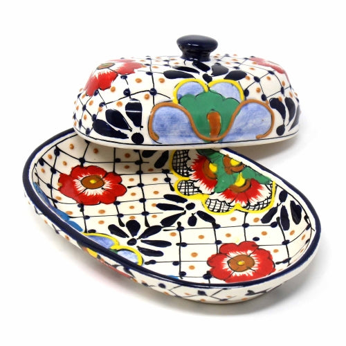 Handmade Pottery Butter Dish- Dots & Flowers by Encantada- Mexico- Fair Trade