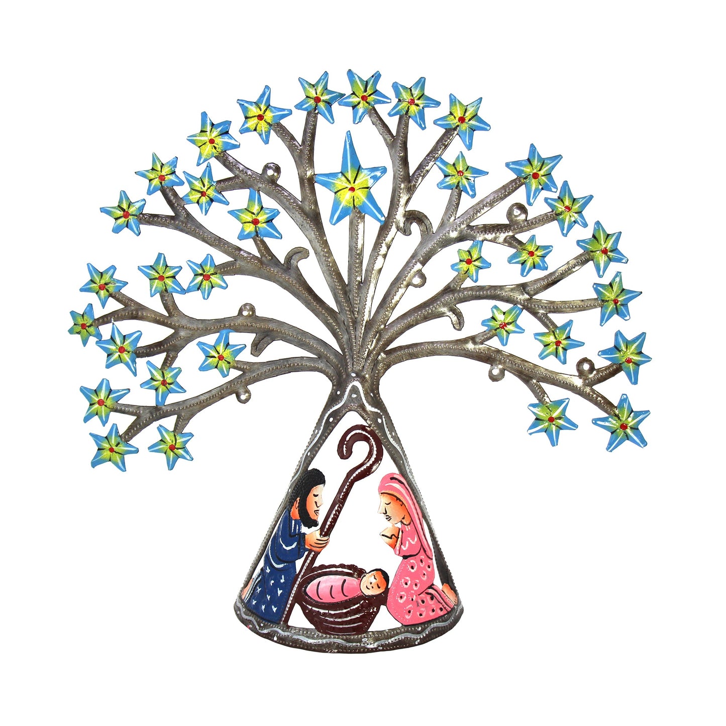 Belén haitiano de mesa con tambor de metal y estrellas fugaces azules