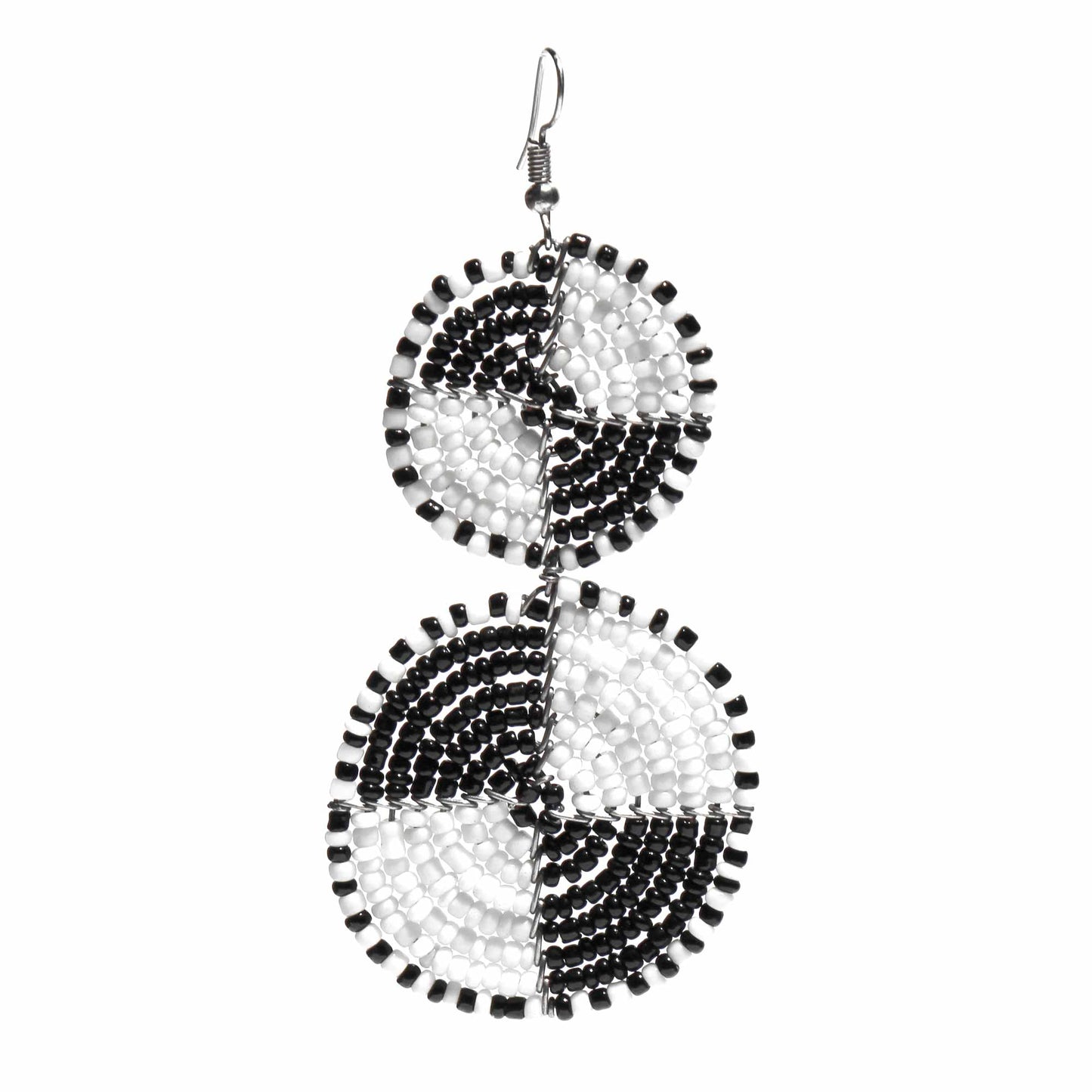Pendientes colgantes de doble círculo con cuentas masai, blanco y negro
