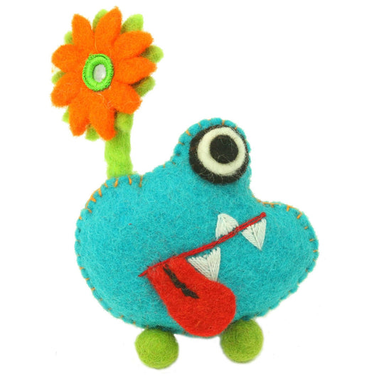 Monstruo de dientes azules de fieltro a mano con flor - Global Groove