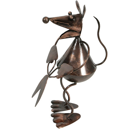 <center>Garden Mouse with Scissors, made of recycled metal - Side View</br>Crafted by Artisans in India </br>Measures 8” high x 4” wide x 6-1/4” deep</center>