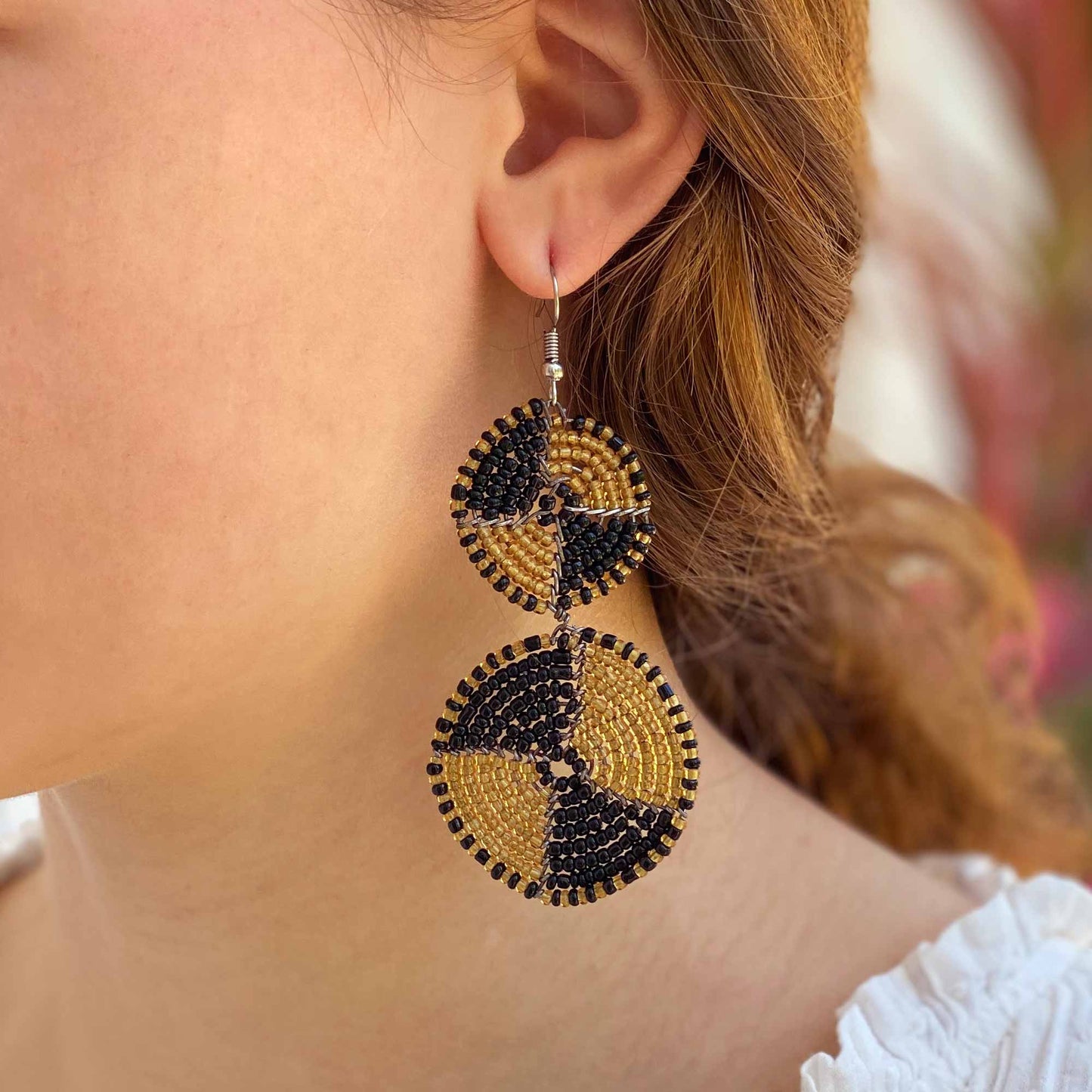 Maasai Bead Double Circle Dangle Earrings in Gold and Black -Fair Trade-Kenya