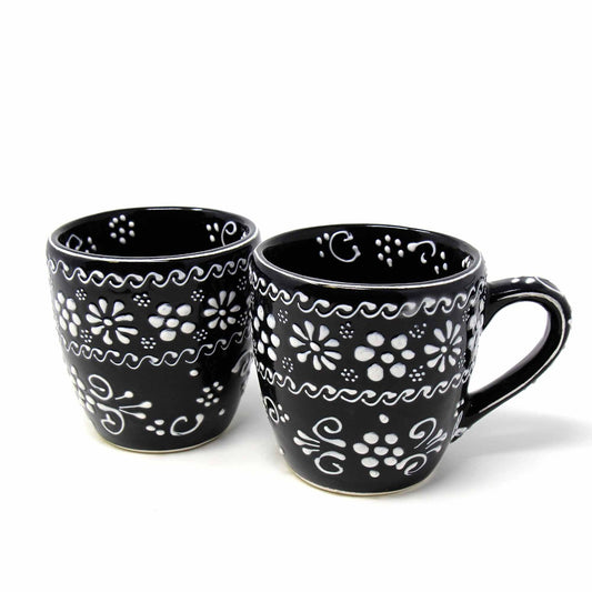 Encantada Handmade Pottery Set of Two Mugs-Black "Ink" and White Floral Print
