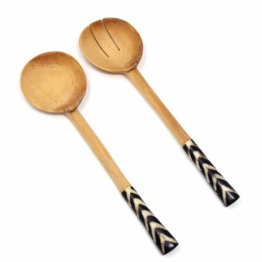 Hand-Carved Olive Wood Serving Set with Bone Handles- 10"L- Kenya-Fair Trade