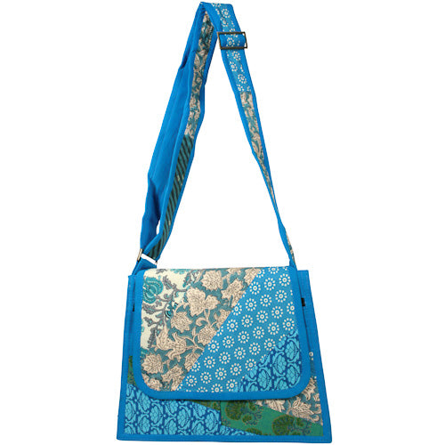 <center>Blue and Green Patchwork Shoulder Bag </br>Crafted by Artisans in India </br>Measures 11” high x 12” wide x 2-1/2” deep at base</center>