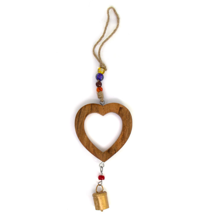 Handcrafted Wood Heart Chime with Recycled Iron Bell -Fair Trade - Behat, India