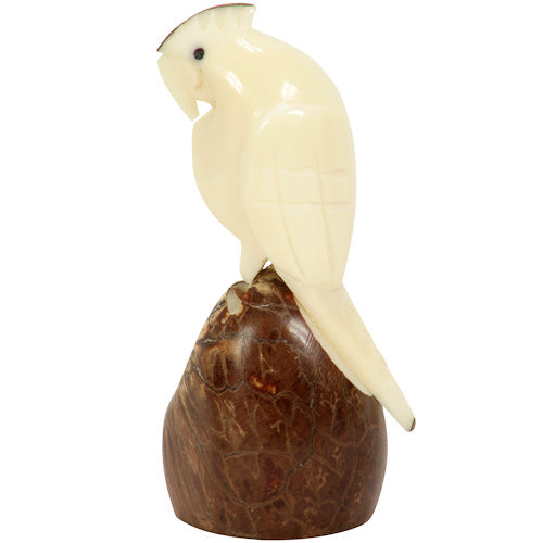 <center>Tagua Cockatoo Figurine Carved by Artisans of Ecuador - Side View </br> Measures: 3-1/4” high x 1-1/2” wide x 1-1/2” deep</center>