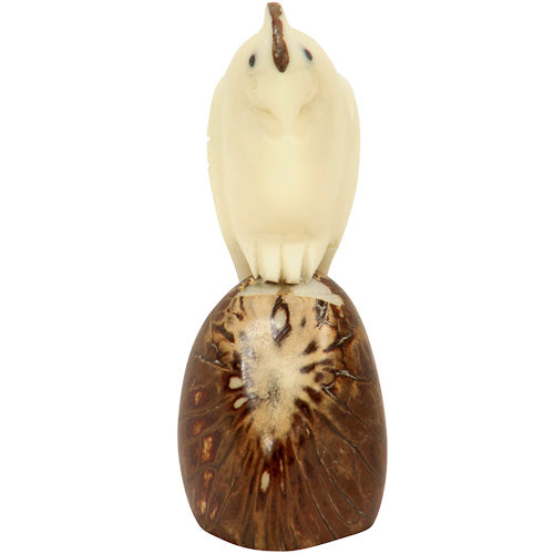 <center>Tagua Cockatoo Figurine Carved by Artisans of Ecuador - Front View </br> Measures: 3-1/4” high x 1-1/2” wide x 1-1/2” deep</center>