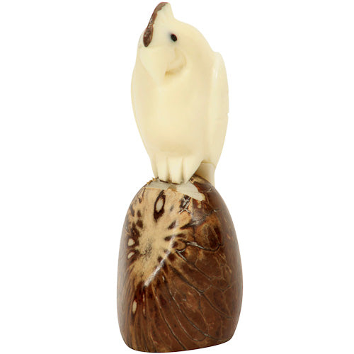 <center>Tagua Cockatoo Figurine Carved by Artisans of Ecuador - Angle View </br> Measures: 3-1/4” high x 1-1/2” wide x 1-1/2” deep</center>