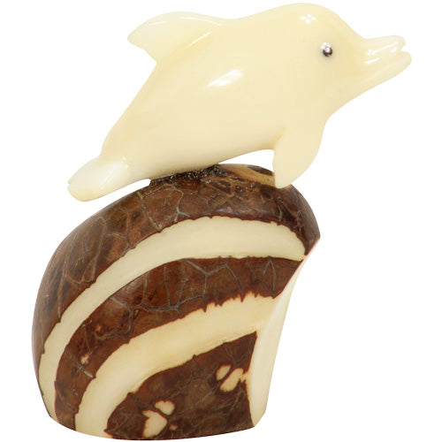 <center>Tagua Dolphin on Wave Figurine Carved by Artisans of Ecuador - Side View </br> Measures: 2-1/4” high x 1-1/4” wide x 2” deep</center>