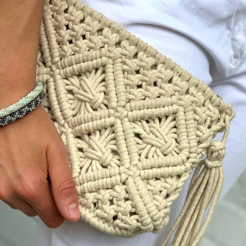 Clutch Macrame con Borla- Crema