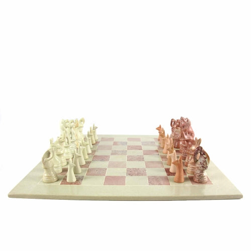Juego de ajedrez de animales africanos de esteatita tallada a mano - Tablero de 15" - SMOlart