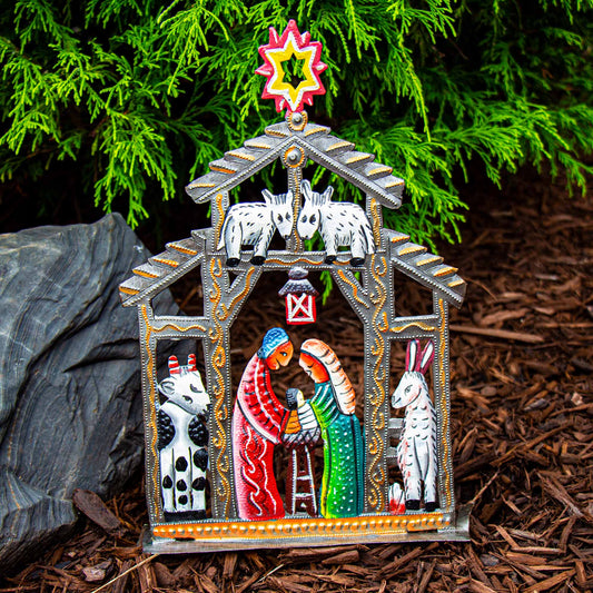 Hand-Painted Haitian Metal Drum Tabletop Nativity with Barn Animals