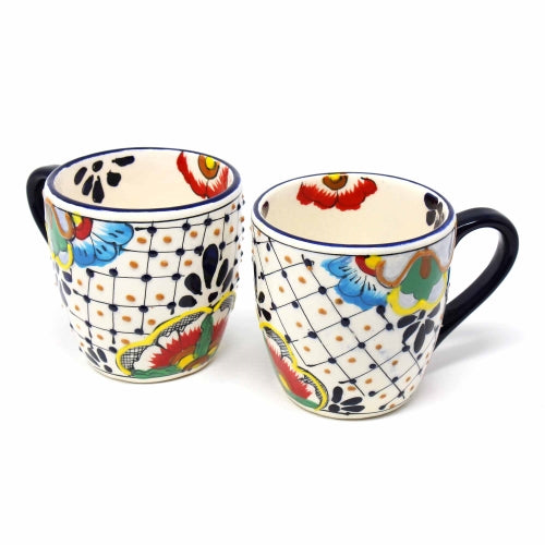 Set of 2 Handmade Rounded Mugs - Dots and Flowers by Encantada-Fair Trade- Mexico