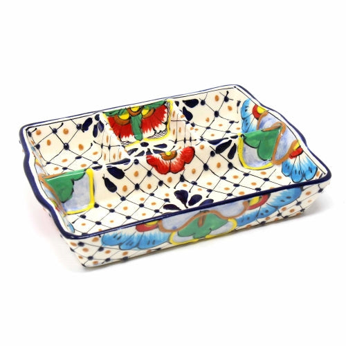 Handmade Pottery- Divided Platter  Dots & Flowers - 9-inch Serving Dish- Encantada