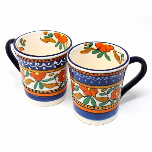 Flared Coffee Mugs - Orange and Blue Floral- Set of Two by Encantada