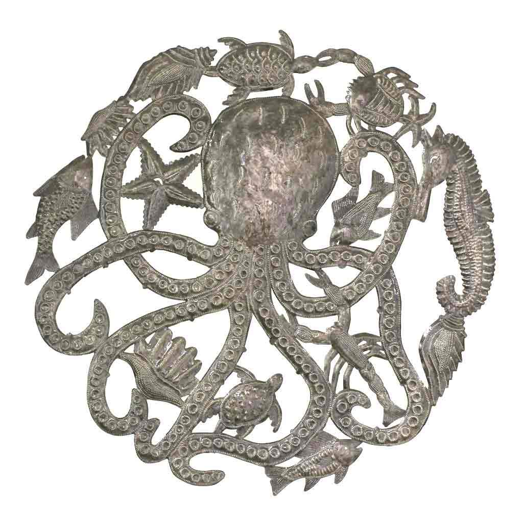 Hand-Crafted Octopus & Sea Life Metal Wall Art -Upcycled Steel Oil Drum- Haiti