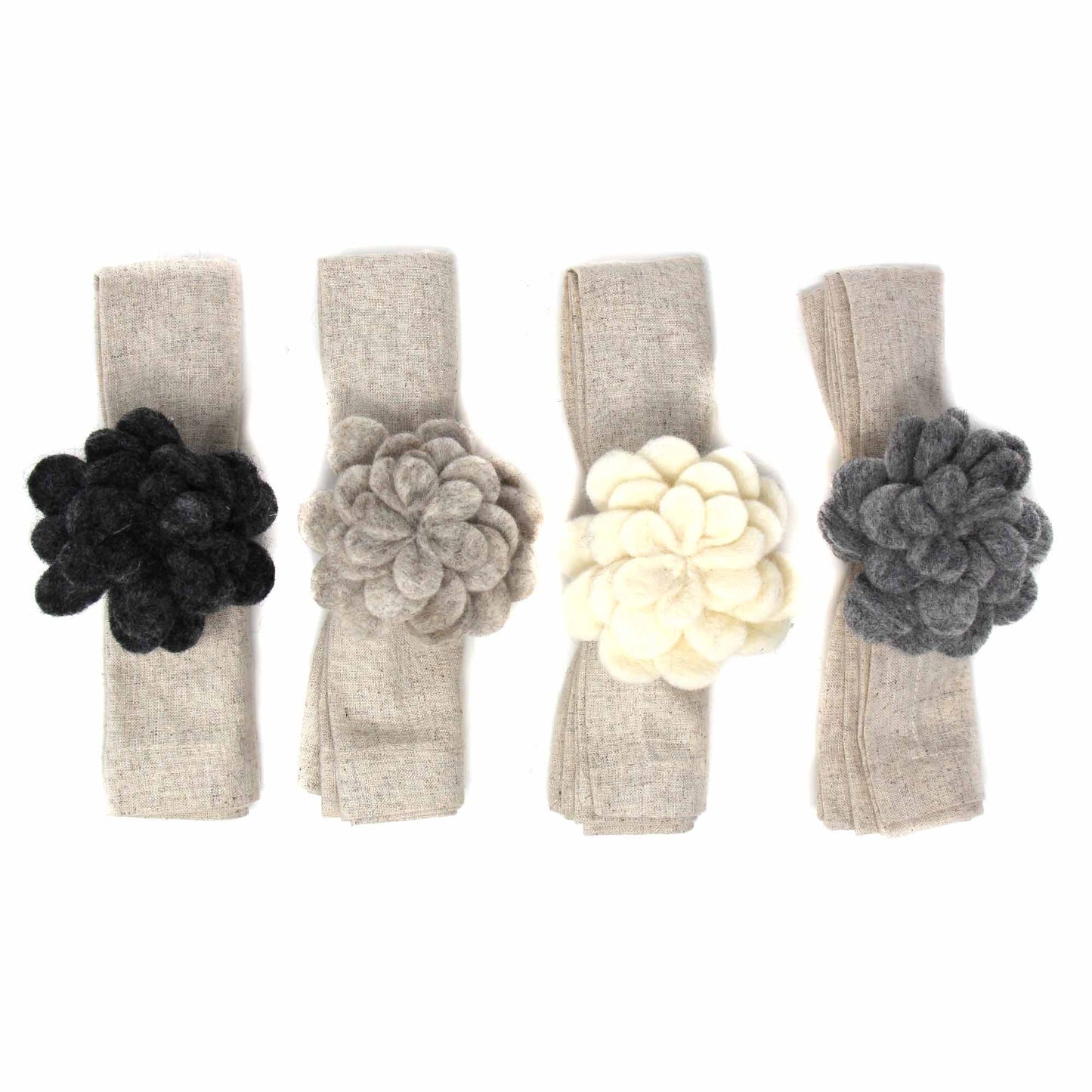 Set of 4 Napkin Rings-Hand Crafted Felt: Assorted Neutral Colors Zinnias-Nepal