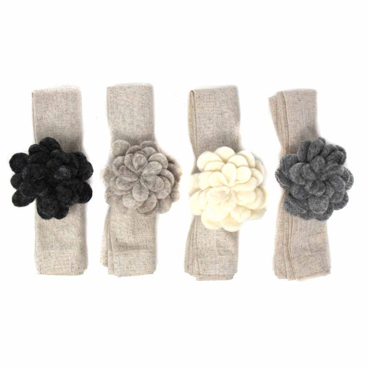 Set of 4 Napkin Rings-Hand Crafted Felt: Assorted Neutral Colors Zinnias-Nepal