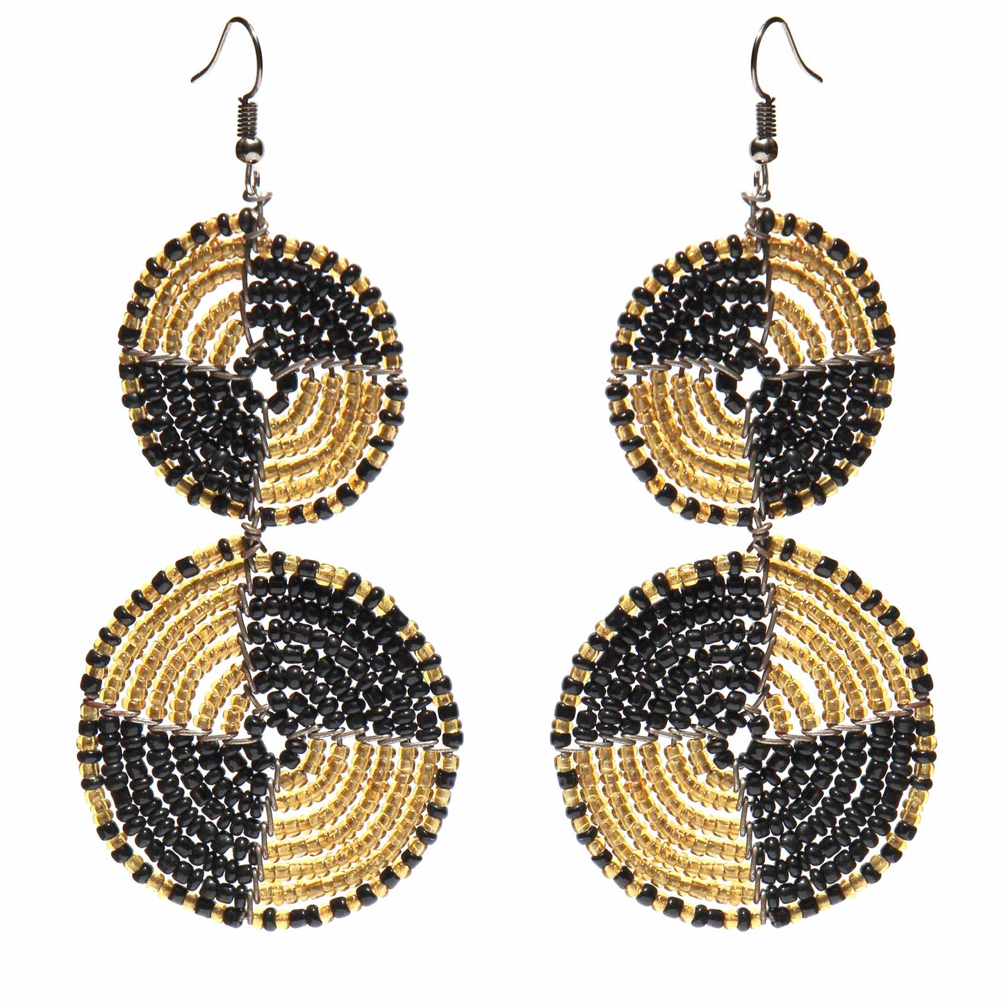 Maasai Bead Double Circle Dangle Earrings in Gold and Black -Fair Trade-Kenya