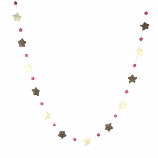 Fieltro hecho a mano en Nepal: guirnalda de estrellas, gris/rosa