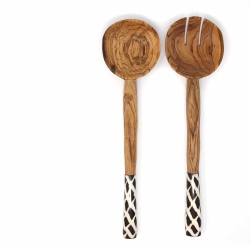 Fair Trade set of wooden salad serving set with black and white Batik bone handles from Kenya.