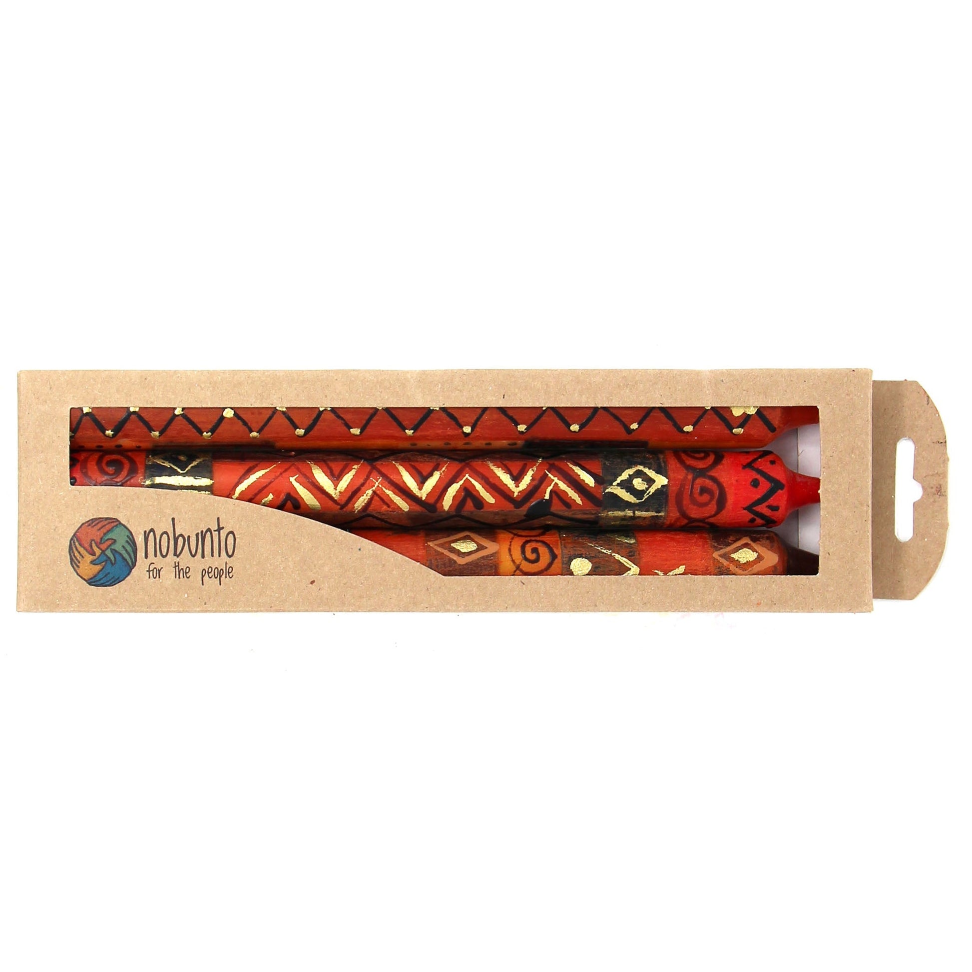 Packaged red sticks with tribal patterns in a cardboard box, featuring the Nobunto brand.
